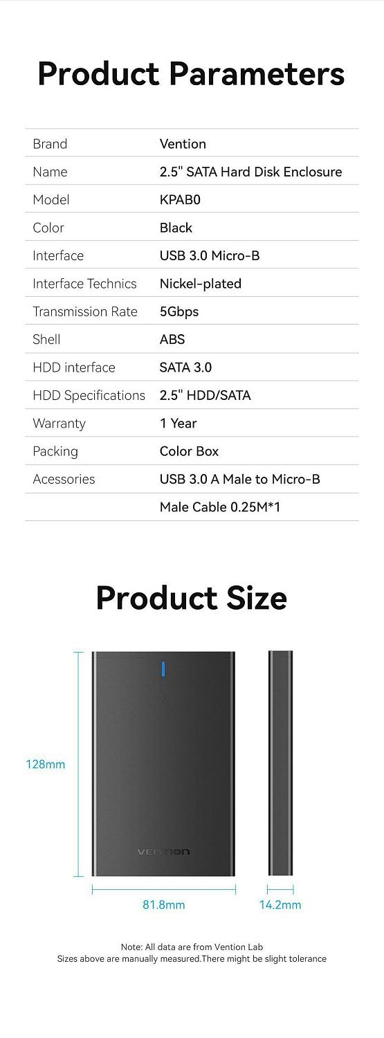 KPAB0 Бокс для диска 2.5 SATA Vention (USB 3.0 Micro-B), цвет: черный KPAB0 Бокс для диска 2.5 SATA Vention (USB 3.0 Micro-B), цвет: черный
