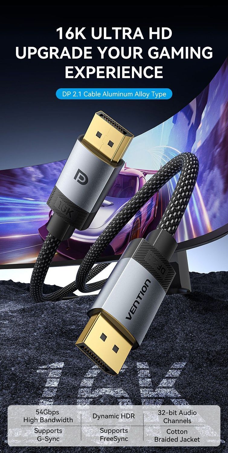 HGBHH Cotton Braided DP 2.1 Male to Male 16K HD Cable 2M Gray Aluminum Alloy Type
