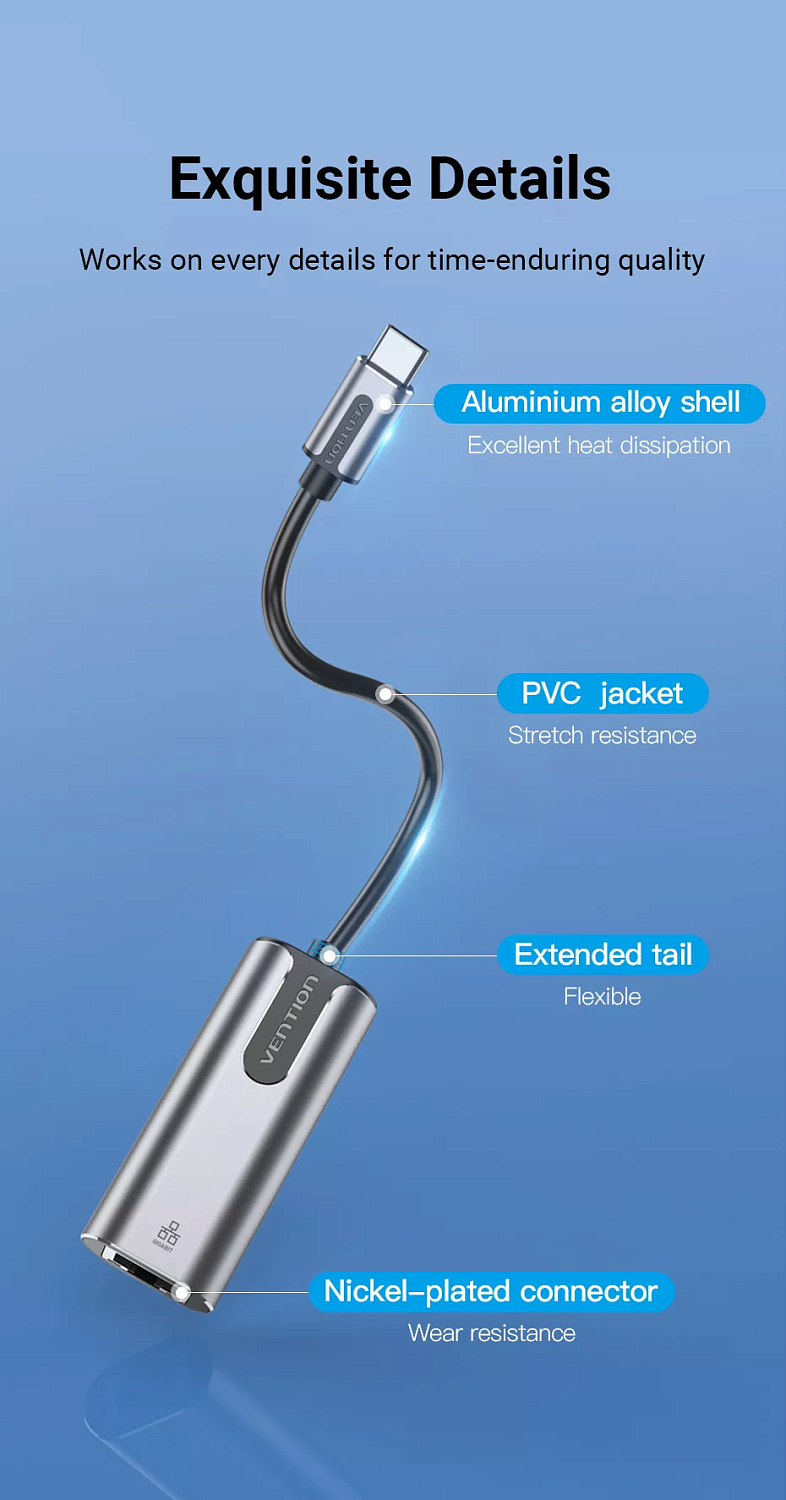 CFNHB Сетевой адаптер Vention USB Type-C - LAN 1Gbit, длина: 0.15м, цвет: серый