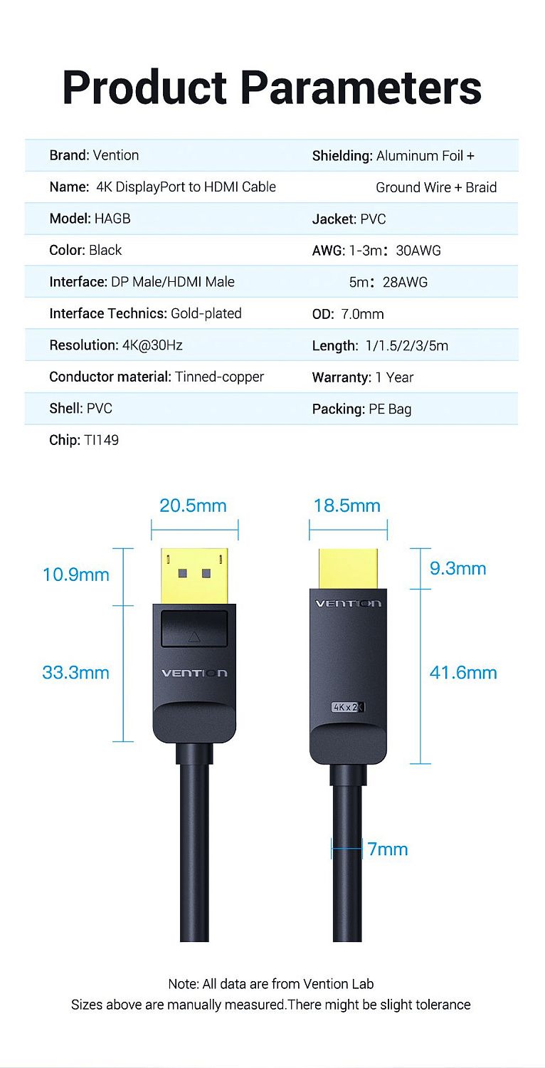 HAGBH Кабель DP - HDMI Vention, 2М цвет: черный HAGBH Кабель DP - HDMI Vention, 2М цвет: черный