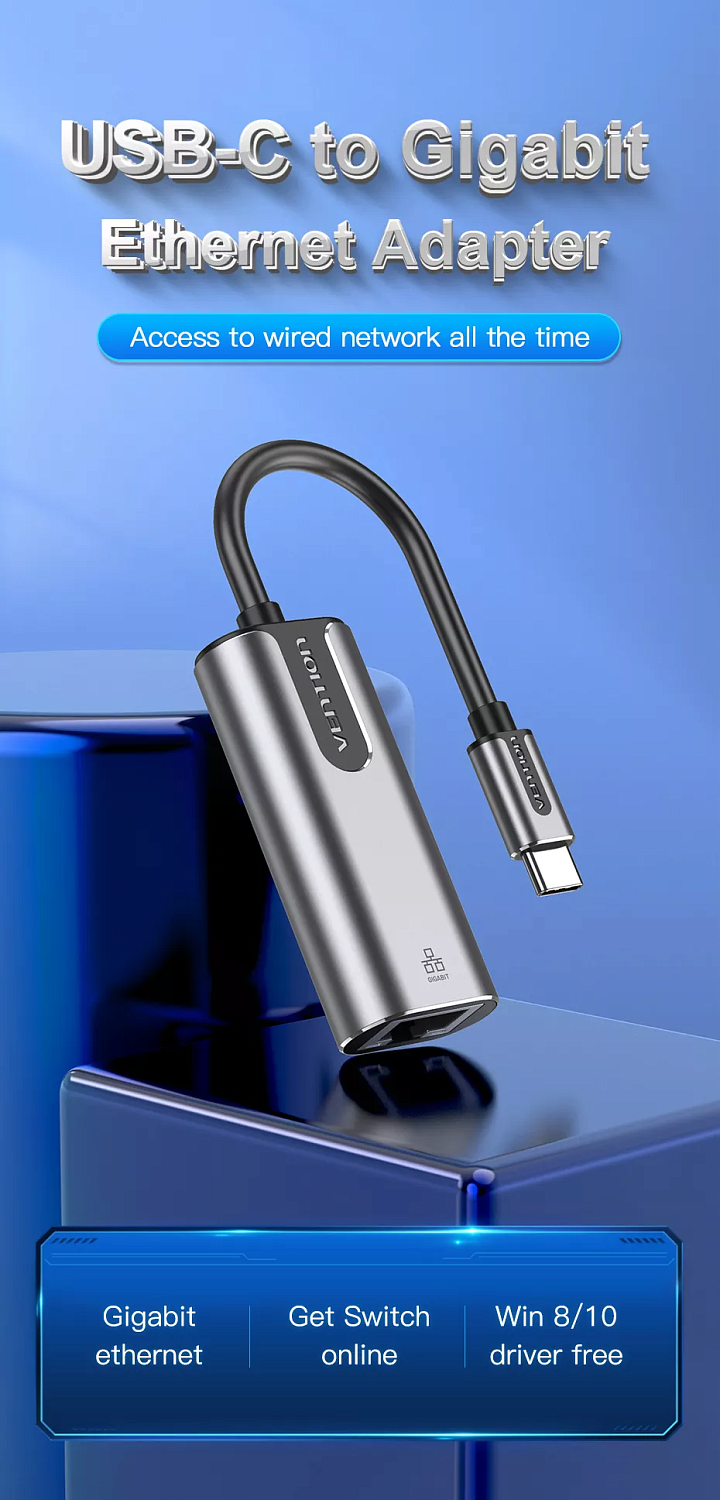 CFNHB Сетевой адаптер Vention USB Type-C - LAN 1Gbit, длина: 0.15м, цвет: серый