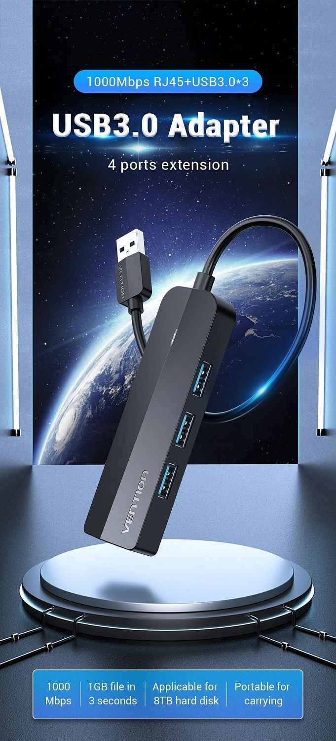 CHNBB Док-станция Vention USB 3.0 - 3xUSB-A 3.0, LAN 1Gbit,  длина: 0.15м, цвет: черный CHNBB Док-станция Vention USB 3.0 - 3xUSB-A 3.0, LAN 1Gbit,  длина: 0.15м, цвет: черный