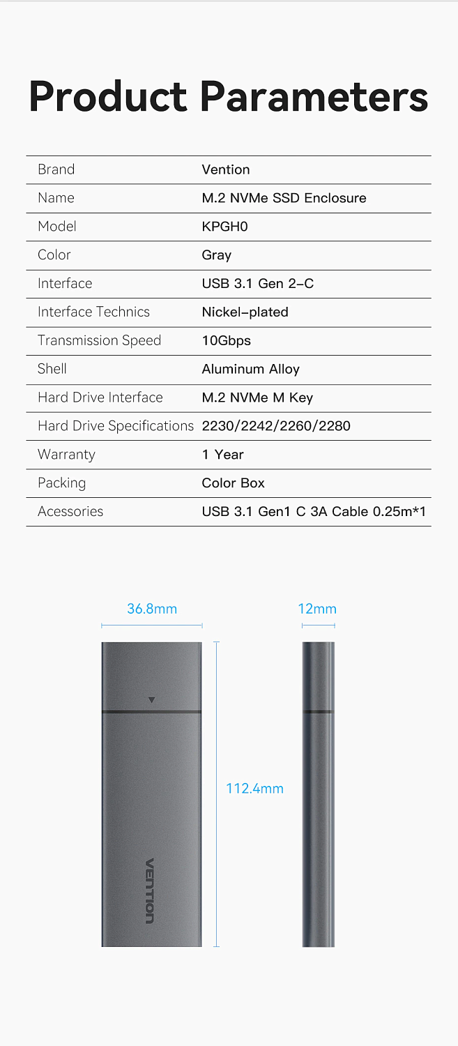 KPGH0 Бокс для SDD M.2 NVMe Vention (USB 3.1 Gen 2), цвет: серый KPGH0 Бокс для SDD M.2 NVMe Vention (USB 3.1 Gen 2), цвет: серый