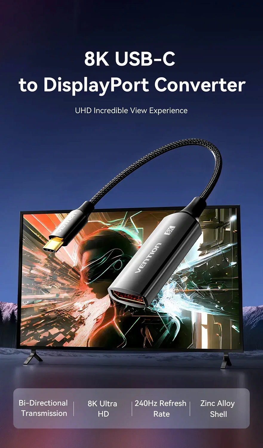 CRGBC Конвертер Cotton Braided USB-C to DP 8K Vention 0.25M Black