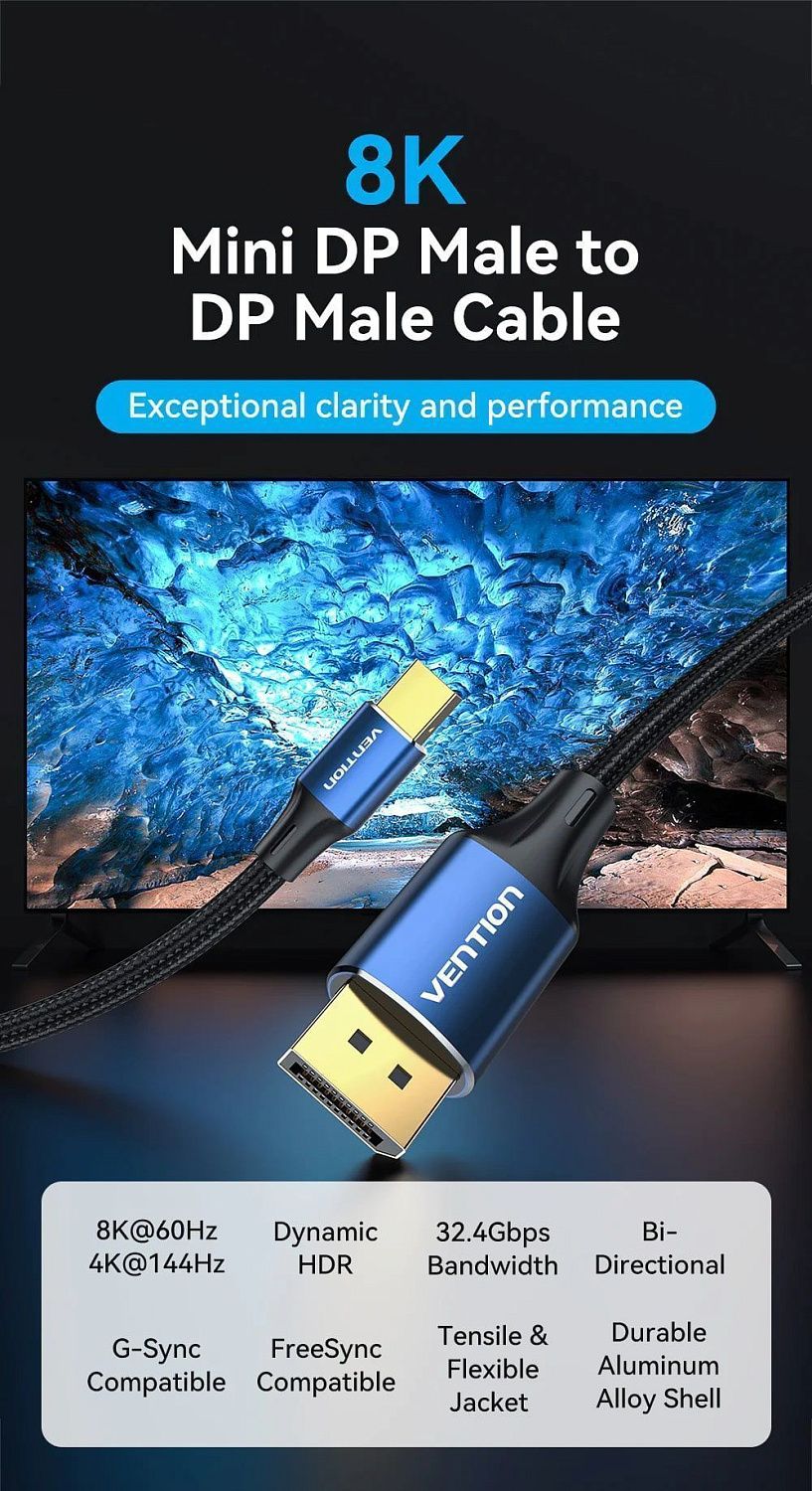 HCFLH Кабель Mini DP to DP V1.4 8K 60Hz Vention длина: 2м HCFLH Кабель Mini DP to DP V1.4 8K 60Hz Vention длина: 2м