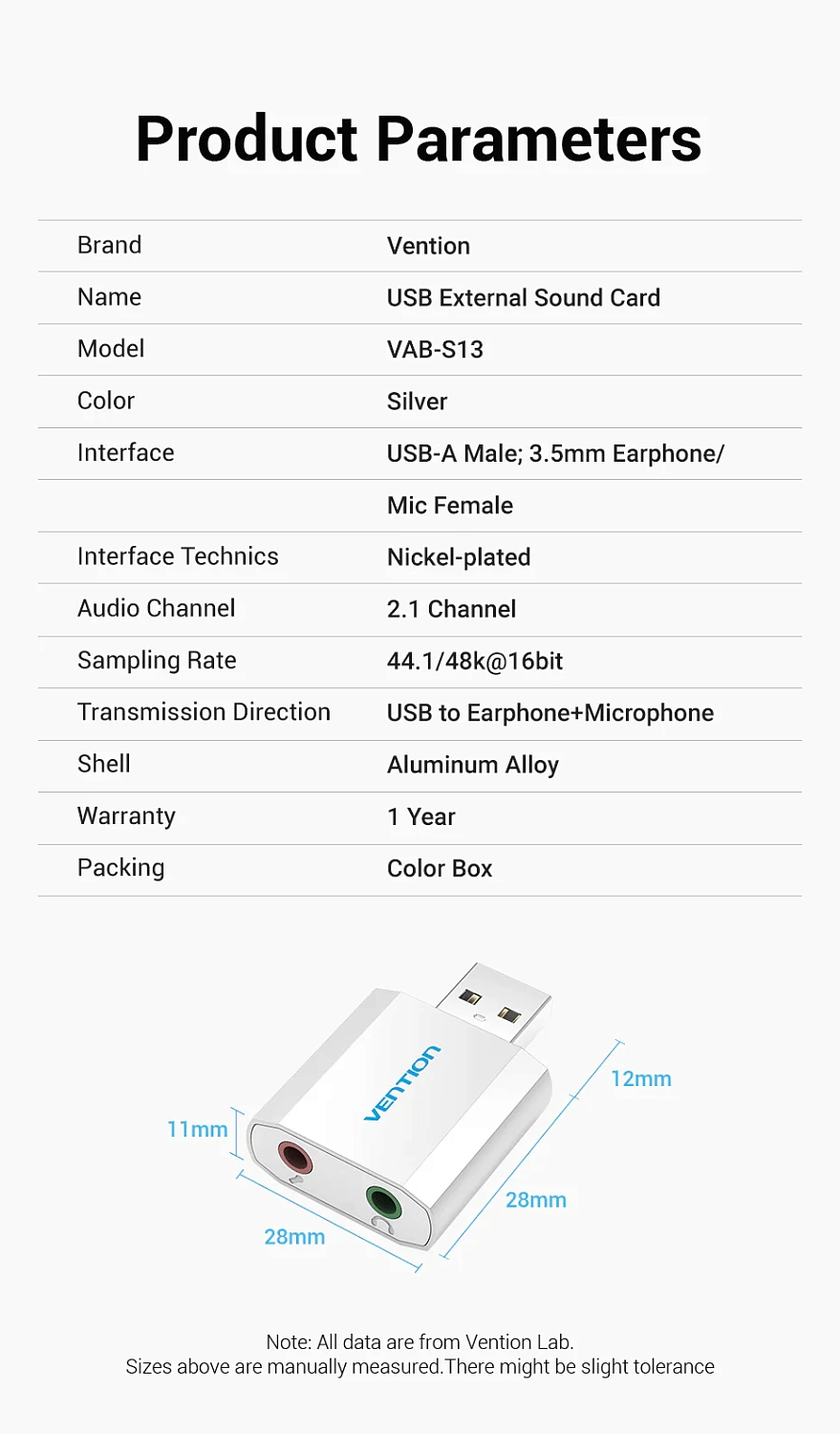 VAB-S13 Звуковая карта USB Vention External Sound Card Silvery Metal Type