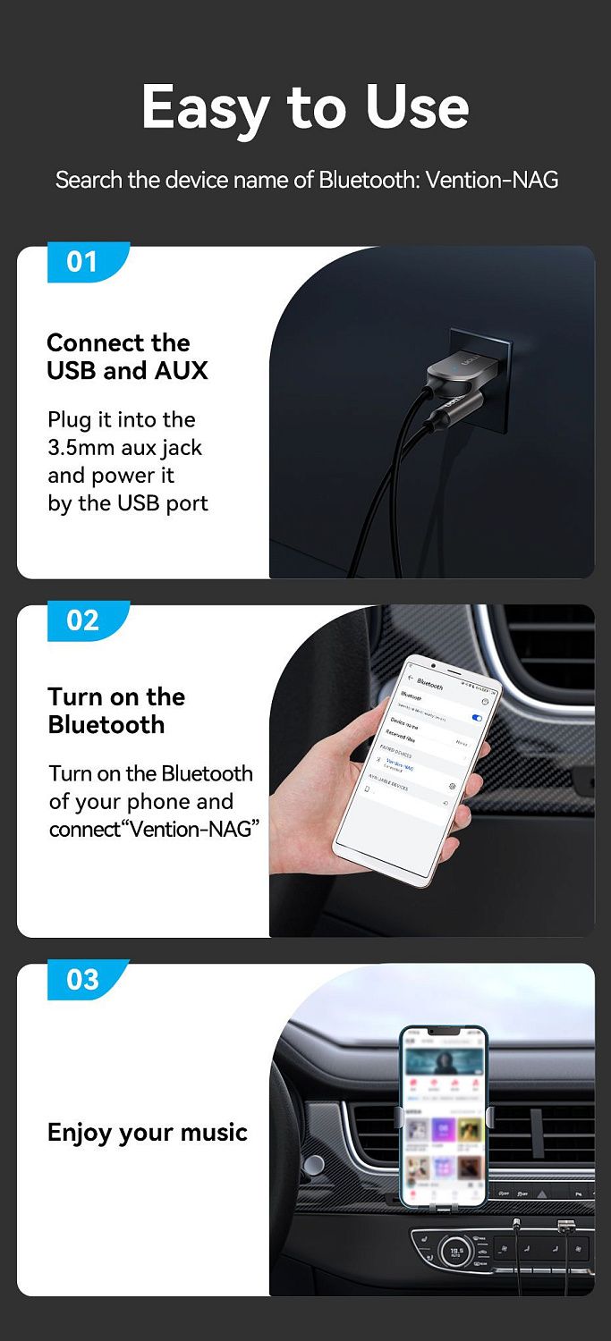 NAGHG Bluetooth 5.0 ресивер Vention, длина 1.5м, цвет: серый NAGHG Bluetooth 5.0 ресивер Vention, длина 1.5м, цвет: серый