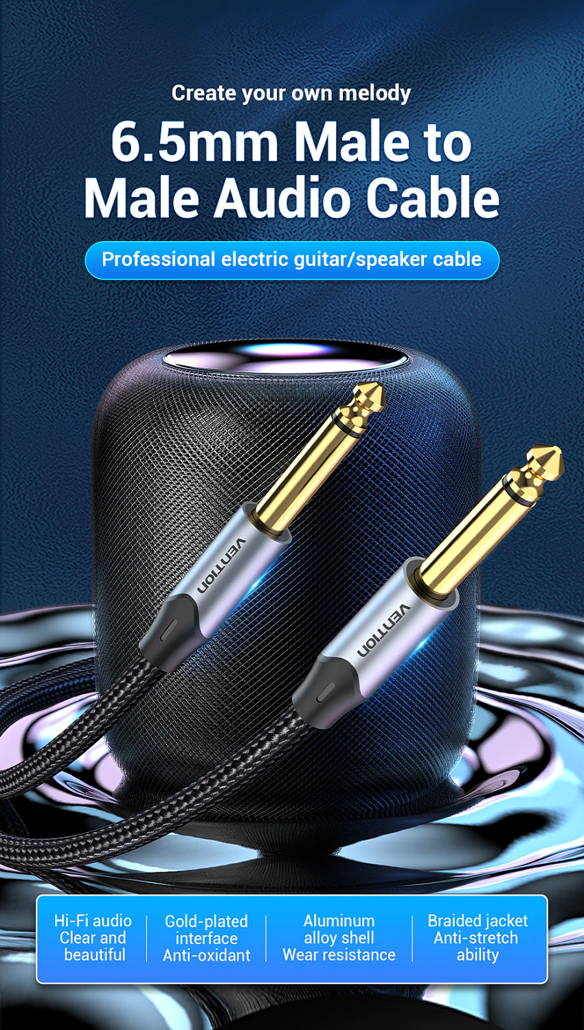 BASHF Кабель Cotton Braided 6.35mm TS Male to Male Audio Cable 1M Gray Aluminum Alloy Type
