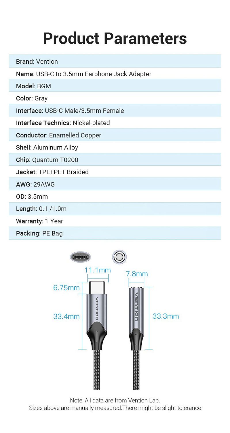 BGMHA Аудио кабель Type-C - 3.5мм Vention (с ЦАП) длина: 0.1м, цвет: серый