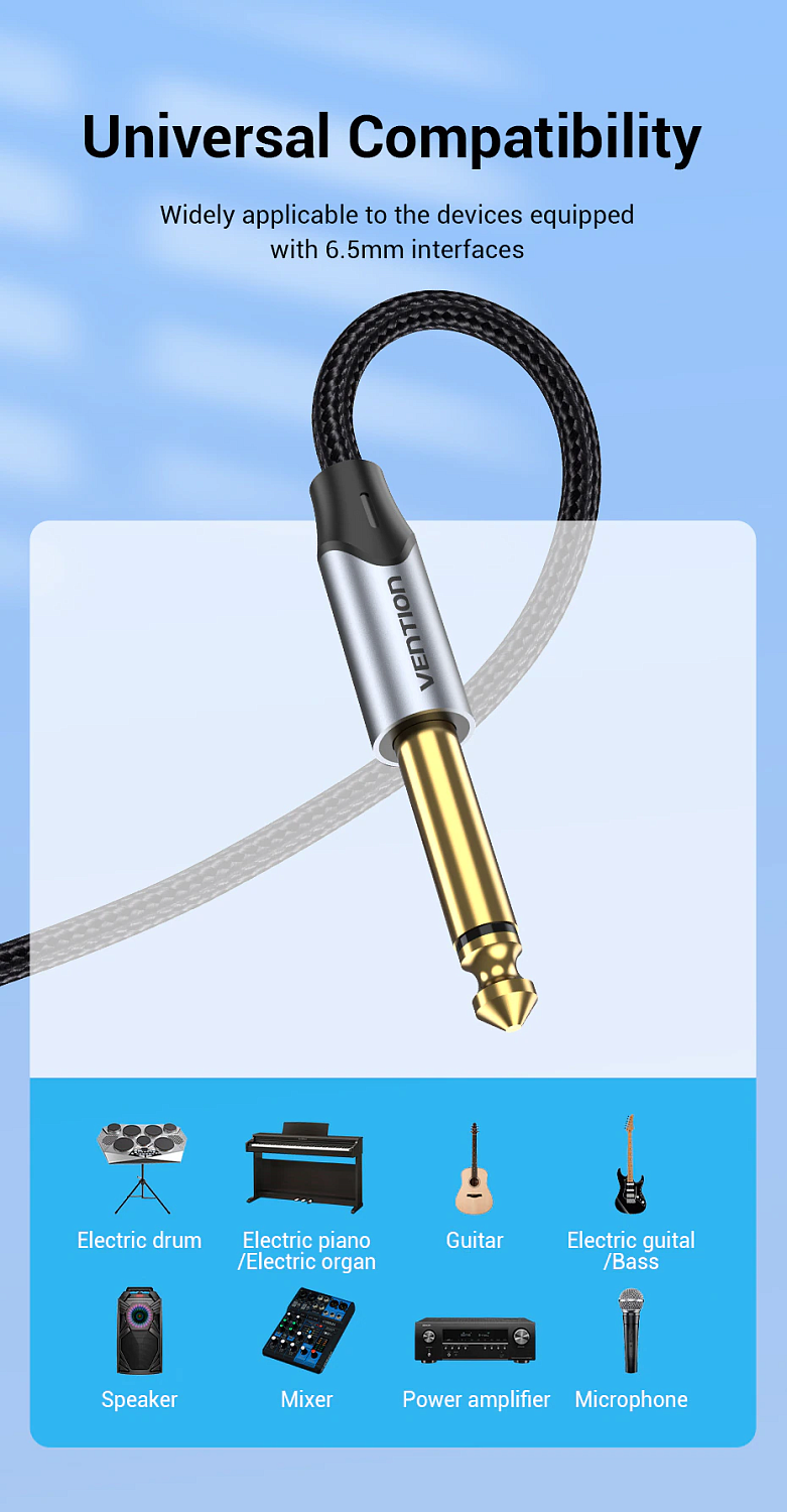 BASHF Кабель Cotton Braided 6.35mm TS Male to Male Audio Cable 1M Gray Aluminum Alloy Type