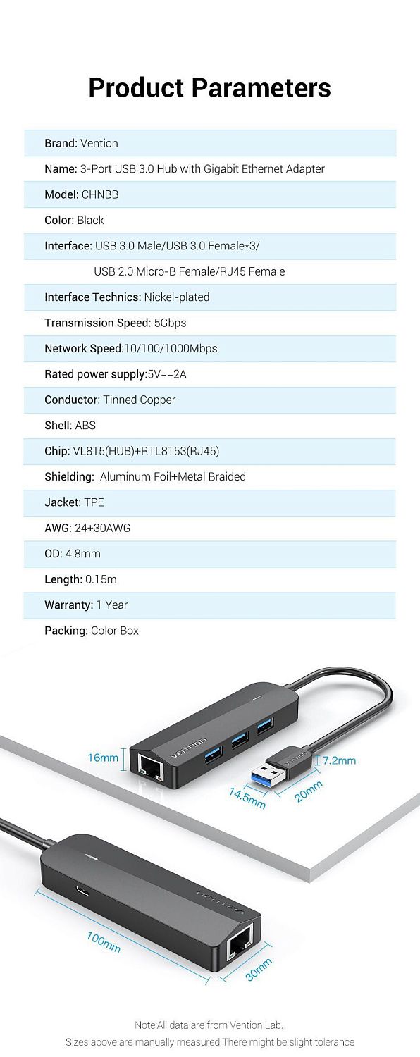 CHNBB Док-станция Vention USB 3.0 - 3xUSB-A 3.0, LAN 1Gbit,  длина: 0.15м, цвет: черный CHNBB Док-станция Vention USB 3.0 - 3xUSB-A 3.0, LAN 1Gbit,  длина: 0.15м, цвет: черный