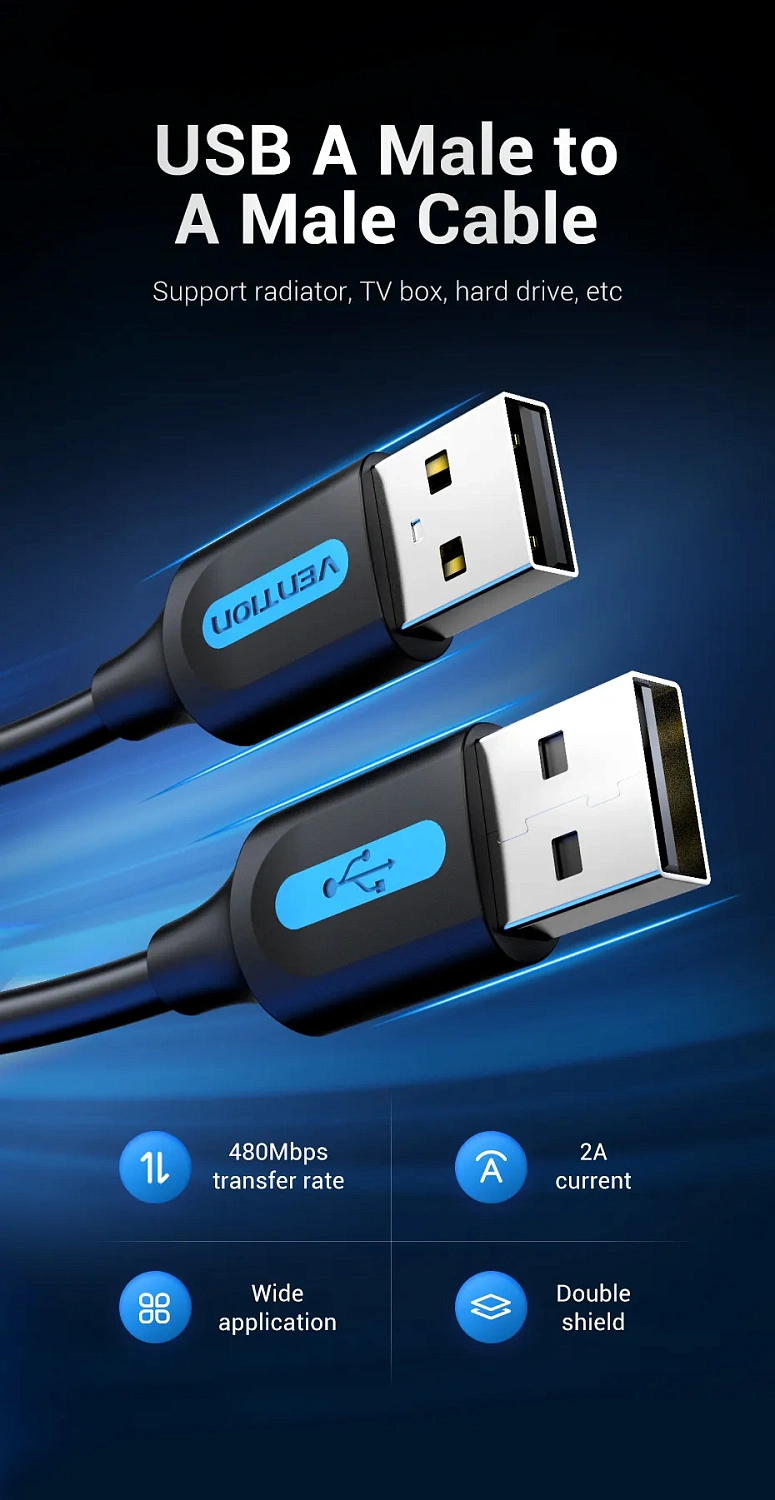 COJBH Кабель USB 2.0 A Male to A Male Cable 2M Black PVC Type COJBH Кабель USB 2.0 A Male to A Male Cable 2M Black PVC Type