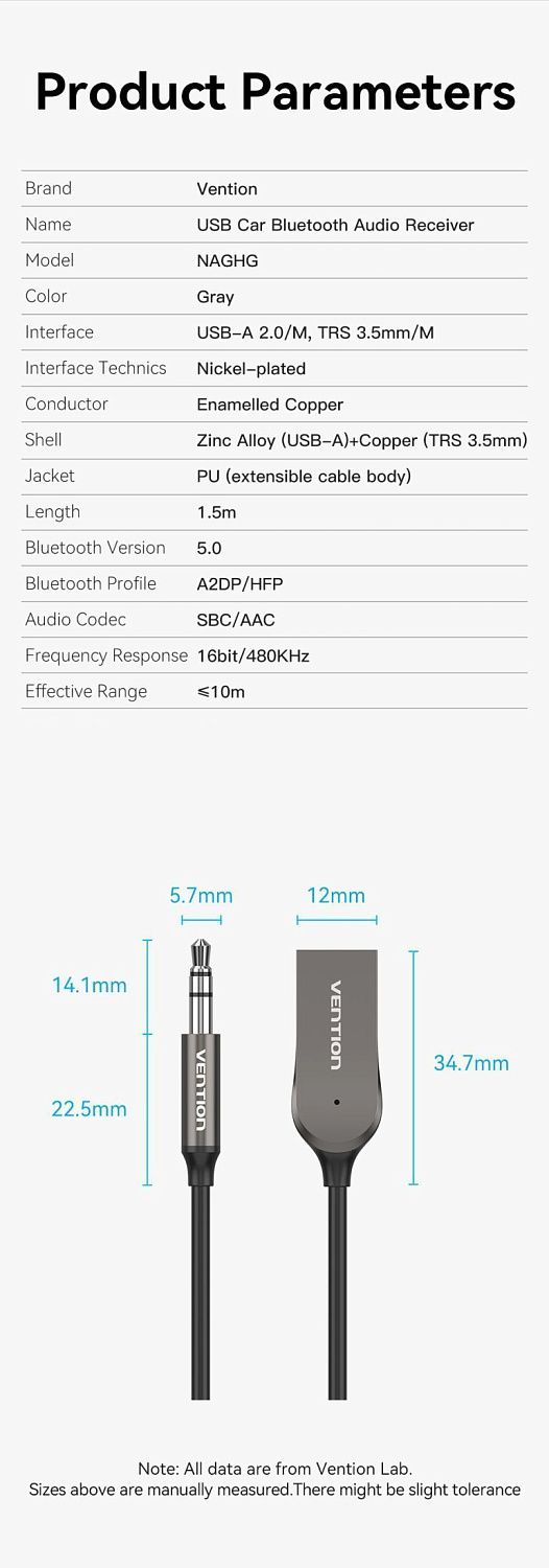 NAGHG Bluetooth 5.0 ресивер Vention, длина 1.5м, цвет: серый NAGHG Bluetooth 5.0 ресивер Vention, длина 1.5м, цвет: серый