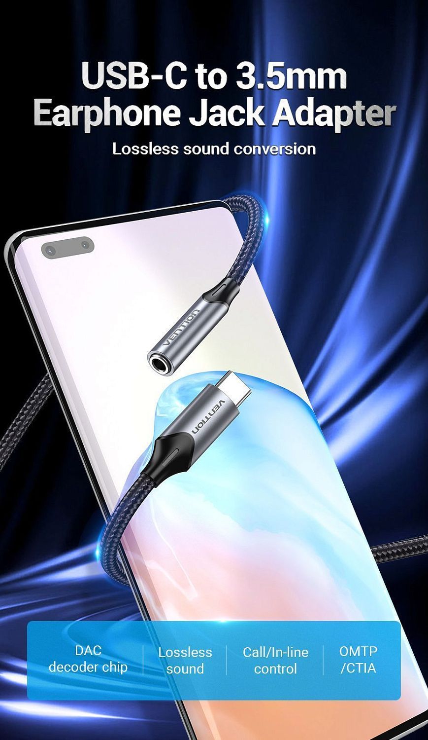 BGMHA Аудио кабель Type-C - 3.5мм Vention (с ЦАП) длина: 0.1м, цвет: серый