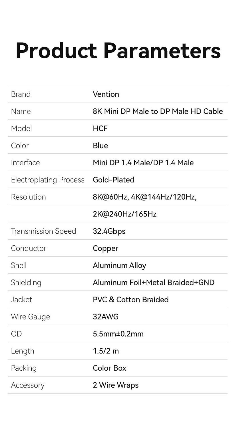 HCFLH Кабель Mini DP to DP V1.4 8K 60Hz Vention длина: 2м HCFLH Кабель Mini DP to DP V1.4 8K 60Hz Vention длина: 2м