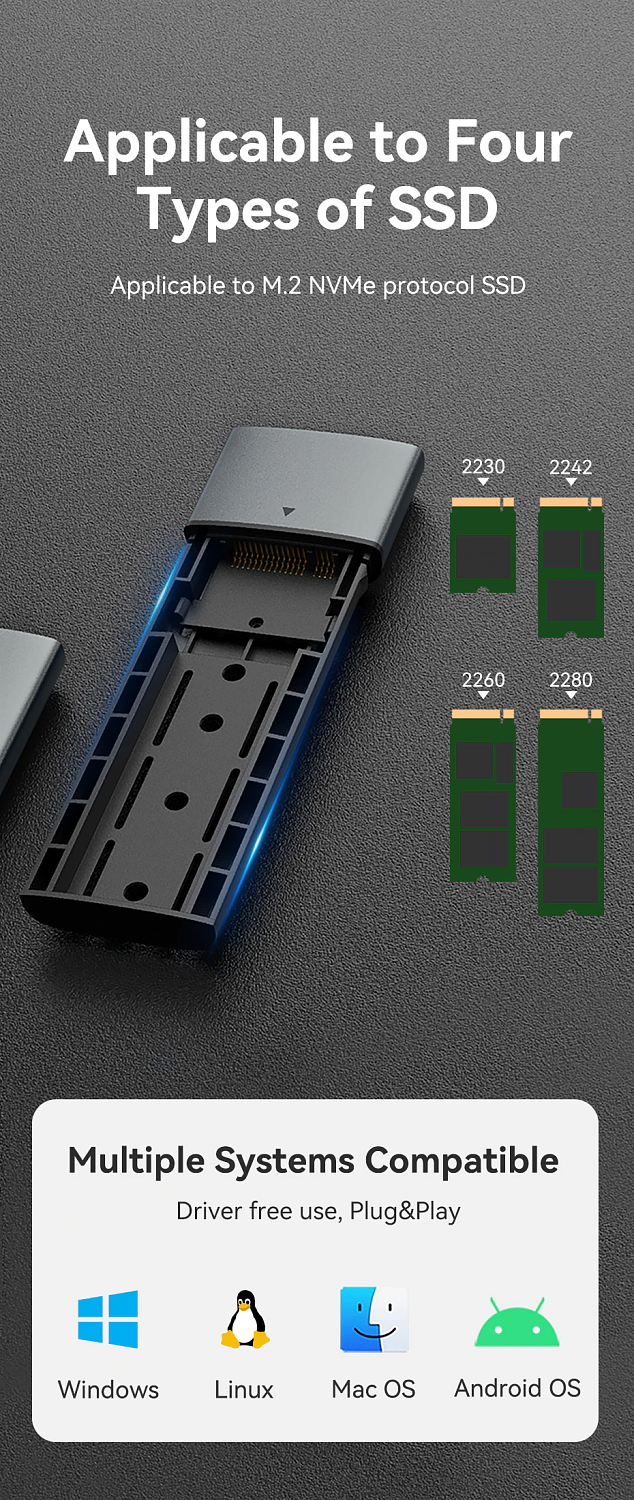 KPGH0 Бокс для SDD M.2 NVMe Vention (USB 3.1 Gen 2), цвет: серый KPGH0 Бокс для SDD M.2 NVMe Vention (USB 3.1 Gen 2), цвет: серый